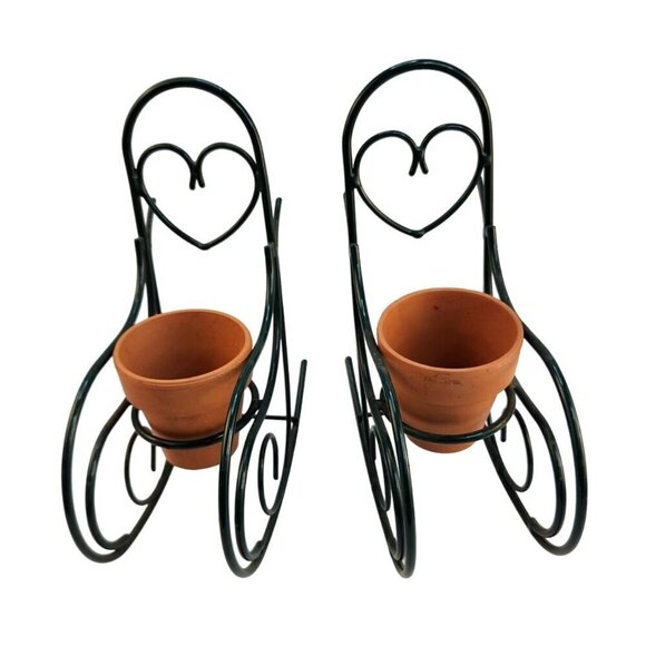 Pair Of Heart Design Metal Rocking Chair Plant Stands With Terracotta 3 inch Pot - Picture 1 of 12